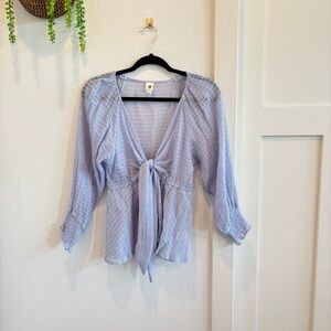 Flawless Babydoll Front Tie Sheer Textured Light Blue Peplum Women's Top Size M